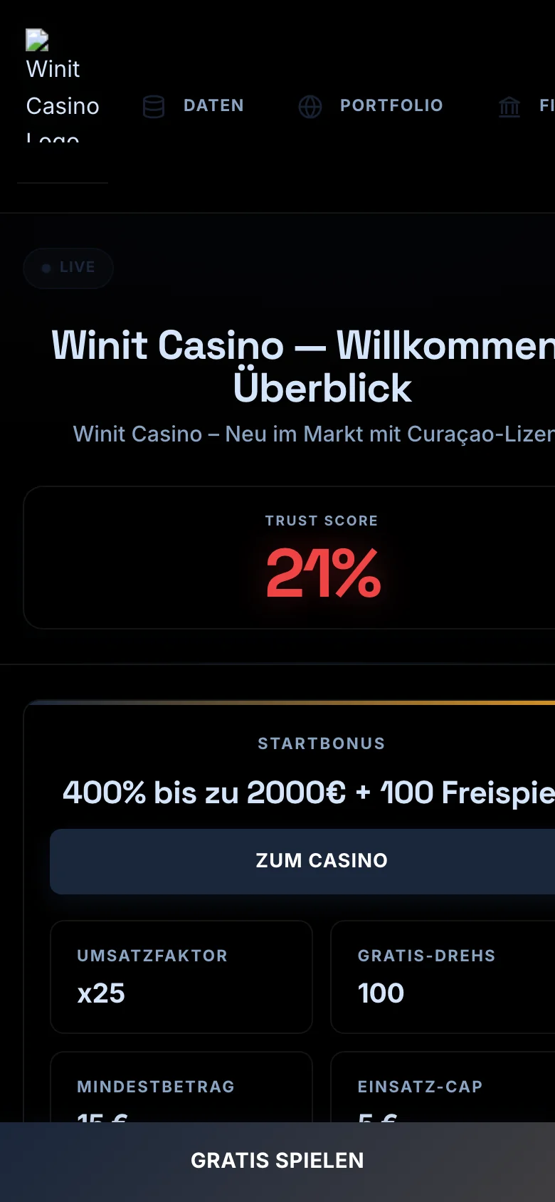Winit Casino mobile lobby screenshot